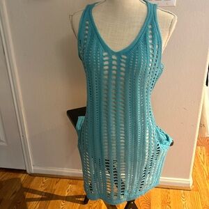 Women Swimsuit Cover Up Crochet Turquoise 36 inch from shoulder hem 100% Acrylic